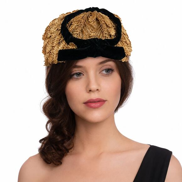 Vintage 50s Art Deco Flapper Hat Gold Black Velveteen Cocktail main image 5